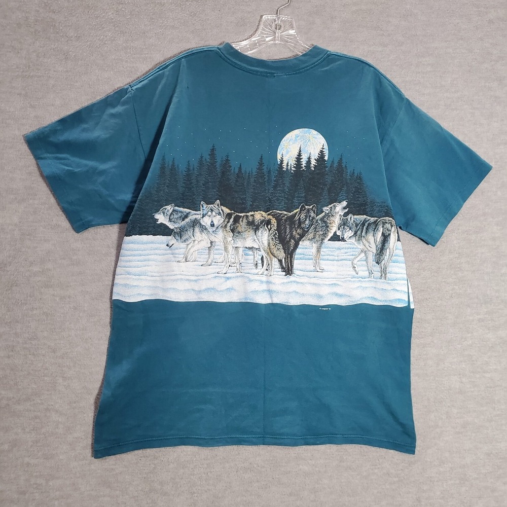 VINTAGE Wolf Gang Pack Men Shirt Large Blue Graphic Single Stitch 90s USA READ